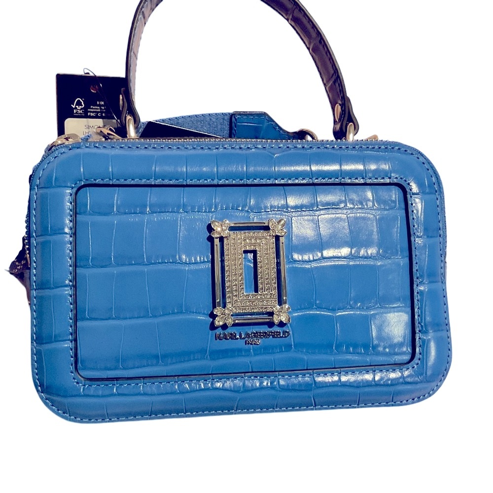 NWT_Karl Lagerfeld SIMONE Blue Mini Bag with Diamonds Front Logo.